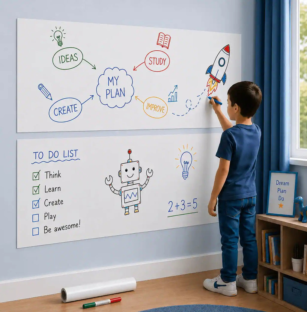 WallFlow electrostatic whiteboard in a bedroom